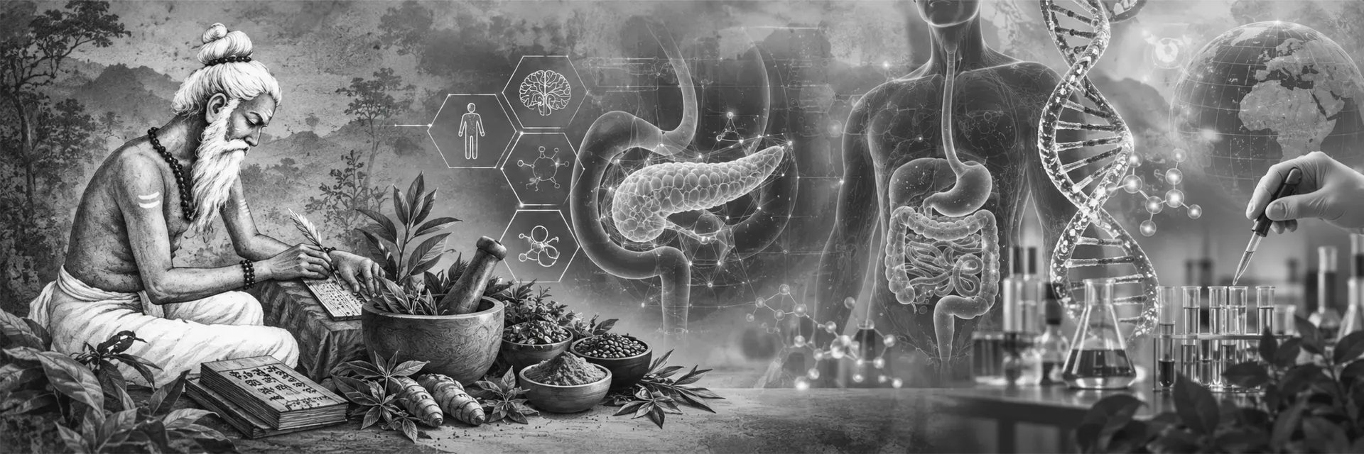 An Ayurvedic physician at work, with anatomical and laboratory imagery