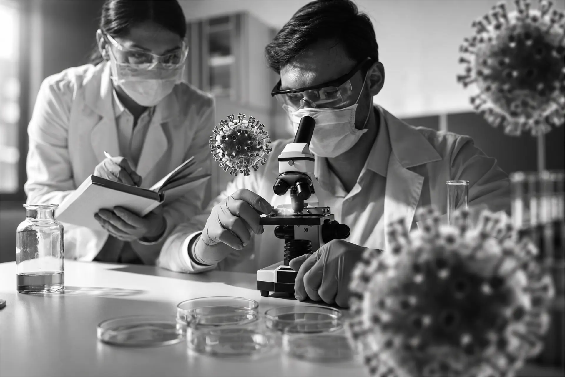 Researchers working at a microscope in a laboratory